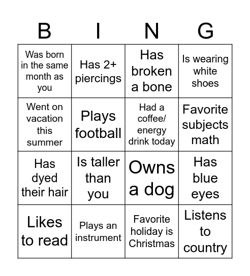Get to know you bingo Card