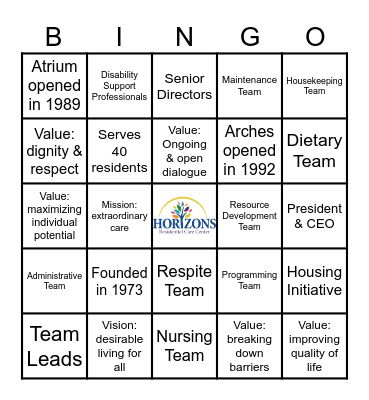 Horizons Bingo! Bingo Card