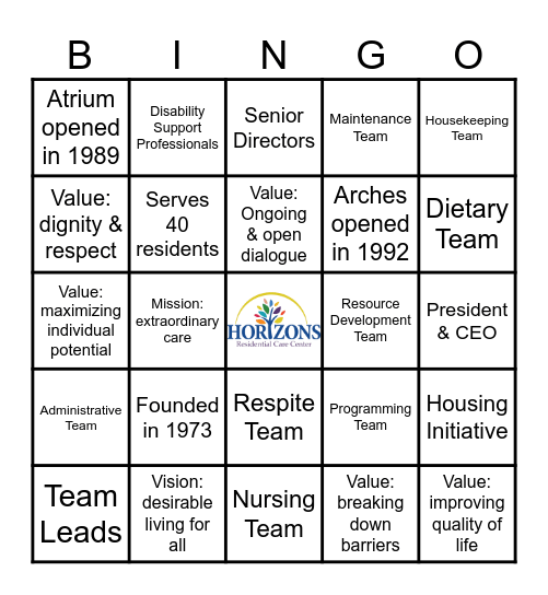 Horizons Bingo! Bingo Card