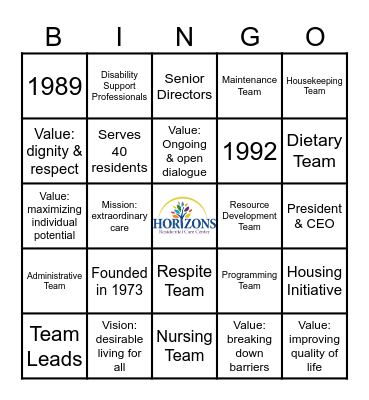 Horizons Bingo! Bingo Card