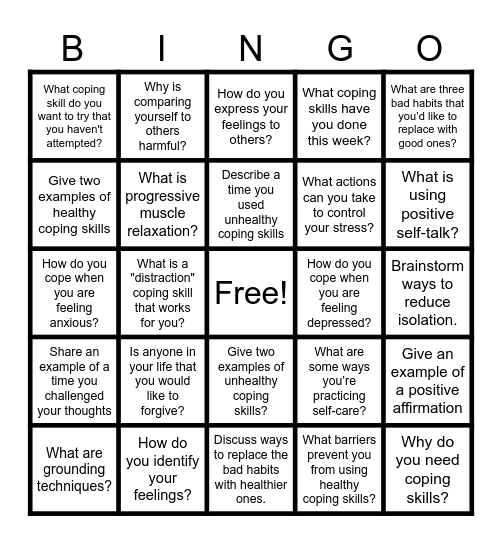 Coping Skills Bingo Card
