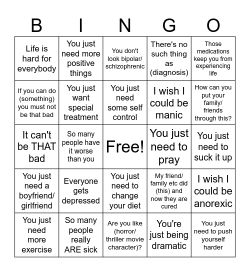Mental Health Stigma Bingo Card