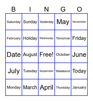 Calendar Words Bingo Card