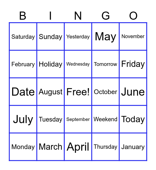 Calendar Words Bingo Card