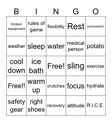 injury prevention Bingo Card