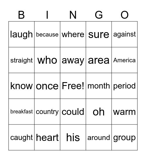 Sight Word Bingo Card