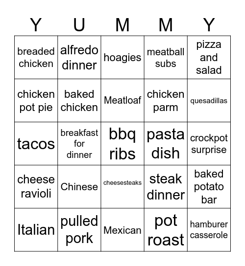Dinner Bingo with the fixings Bingo Card