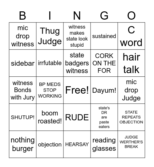 COURT DEFENCE Bingo Card