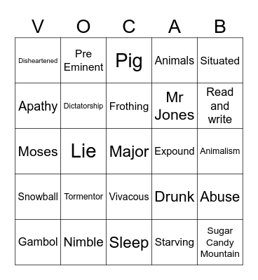 Animal Farm Bingo Card
