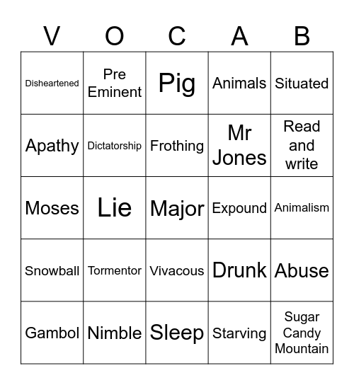 Animal Farm Bingo Card