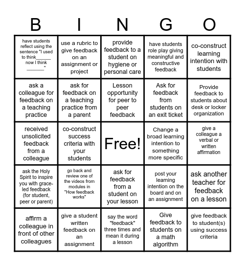 Visible Learning and Feedback Bingo Card