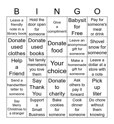 Christmas Acts of Kindness Bingo Card