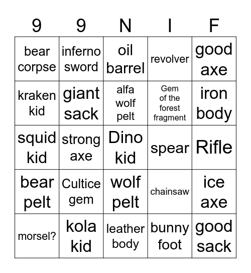 99 nights in forest Bingo Card