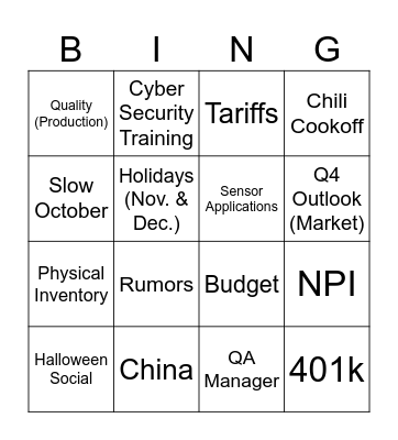 Bingo Tuesday! Bingo Card