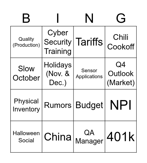 Bingo Tuesday! Bingo Card