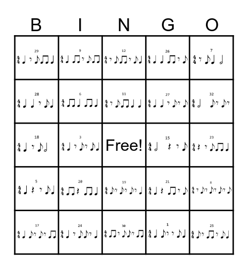 8th Rests Rhythm Bingo Card