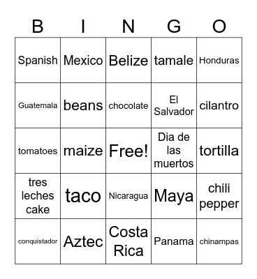 Mexico/Central America Bingo Card