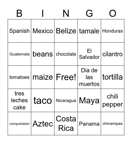 Mexico/Central America Bingo Card