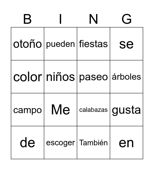 Otoño Bingo Card