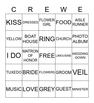 CREWE WEDDING BINGO Card