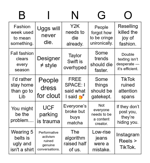 Fashion Society Hot Takes Bingo Card