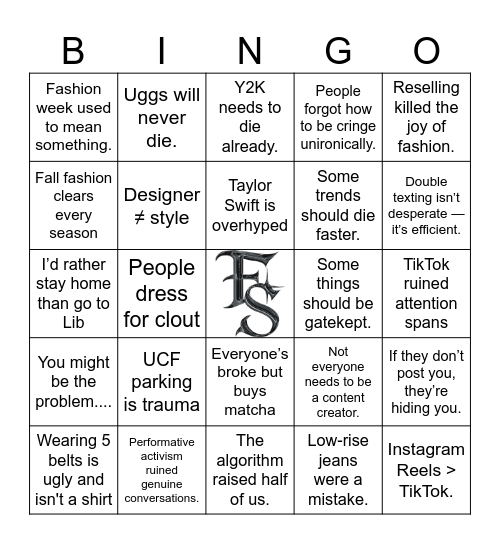 FASHION SOCIETY HOT TAKES BINGO Card