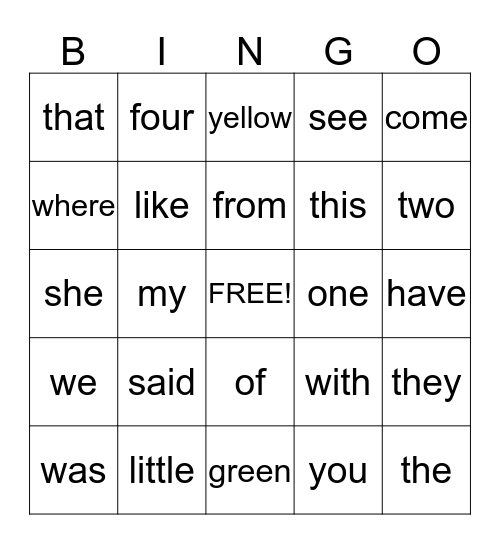 Sight Word Bingo Card