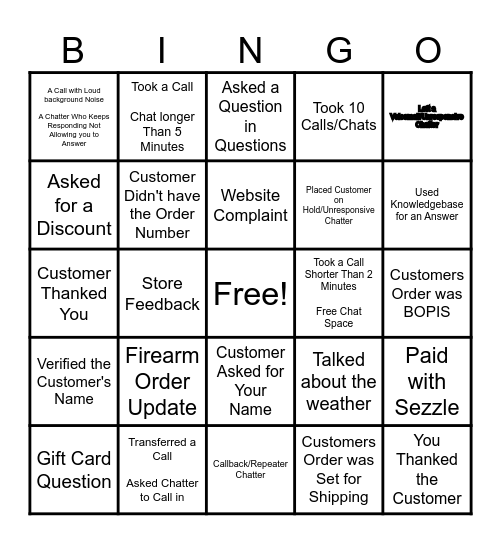 Customer Service Bingo Card