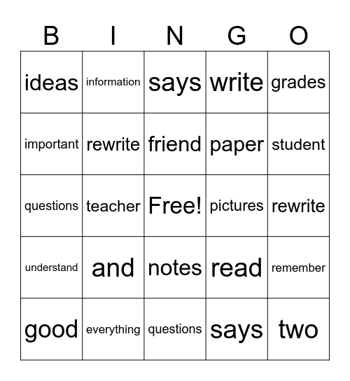 Good Notes=Good Grades Bingo Card