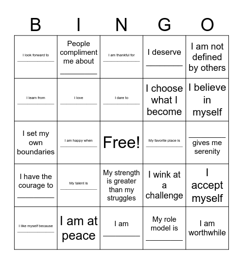 Positive Affirmation Bingo Card