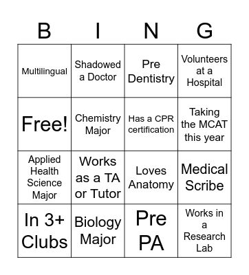 Pre-Health Bingo Card