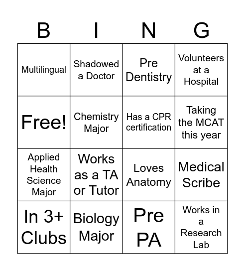 Pre-Health Bingo Card