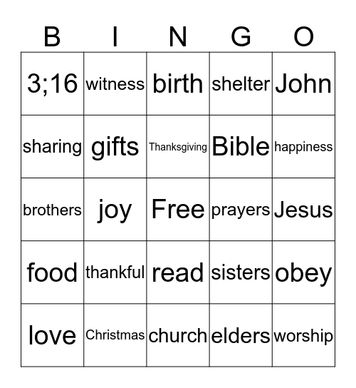 Being Thankful Bingo Card