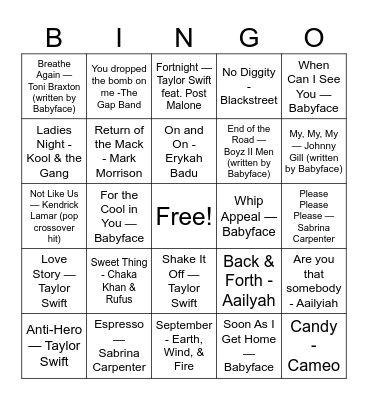 Musical Bingo Card