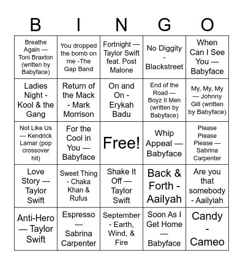Musical Bingo Card