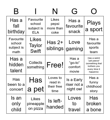 Let's Get To Know Eachother Bingo Card
