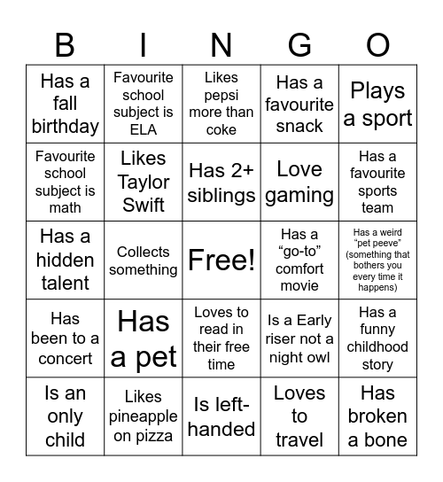 Let's Get To Know Eachother Bingo Card