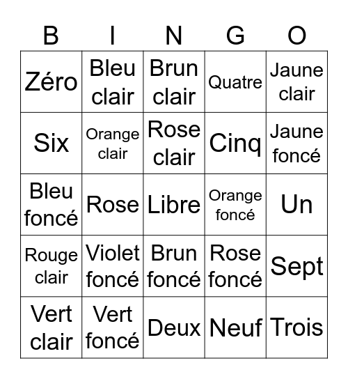 French Colors and Numbers Bingo Card