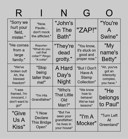 A Hard Day's Night Quotes Bingo Card