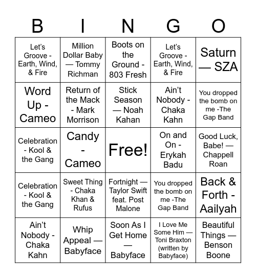 Musical Bingo Card