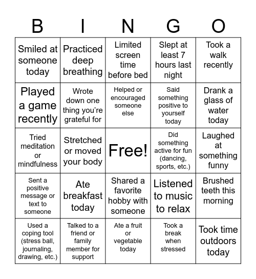 Wellness Bingo! Bingo Card