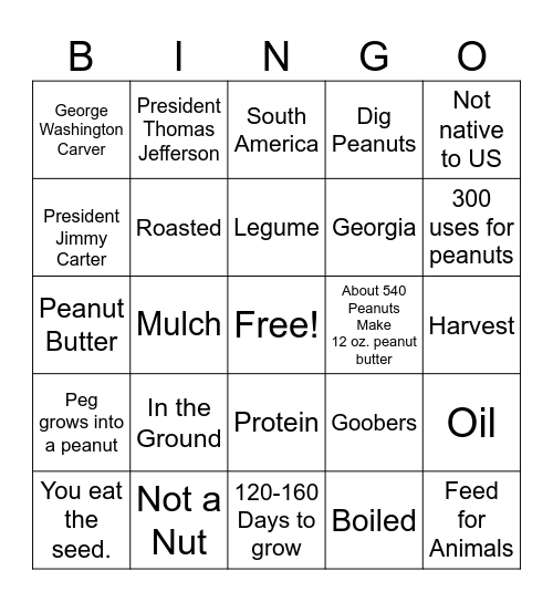 PEANUT Bingo Card