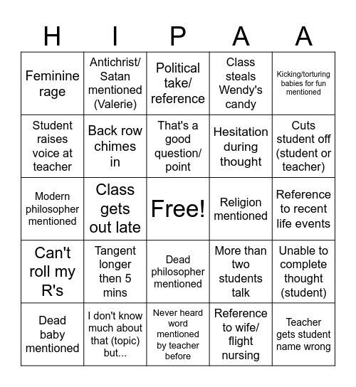 Philosophy Bingo Card