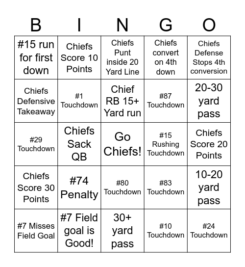 Chiefs Vs Jaguars Bingo Card