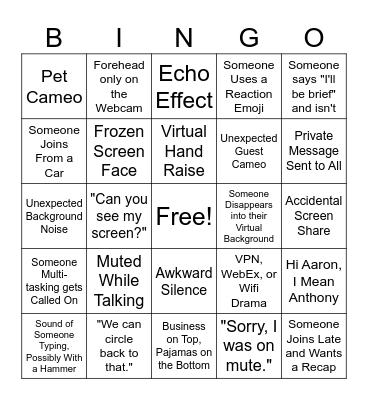 Work From Home Bingo Card