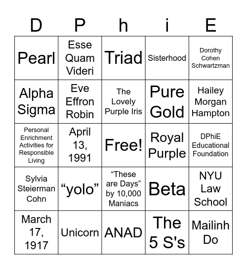 Delta Phi Epsilon Bingo Card