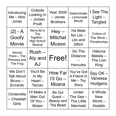 Disney Films/Disney Channel Movies Bingo Card