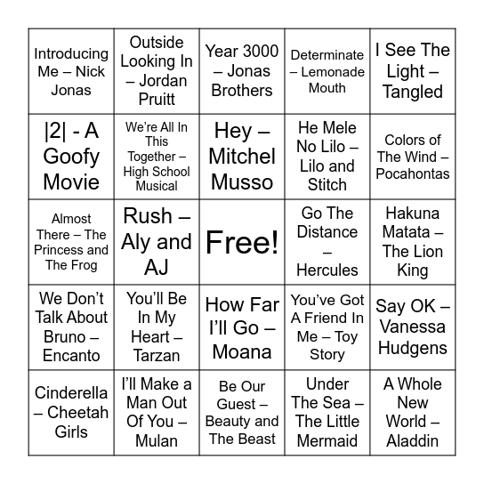 Disney Films/Disney Channel Movies Bingo Card