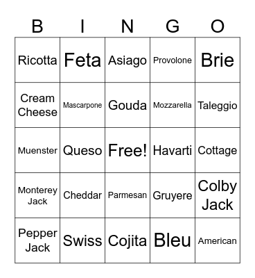 Cheese Bingo Card