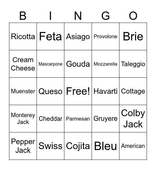 Cheese Bingo Card